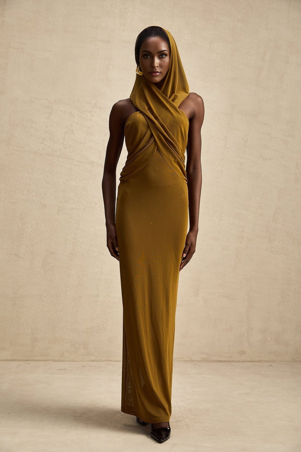 Rachel Maxi Dress in Vibrant Olive with Crossover Neck - Backless Design & Chic Hood