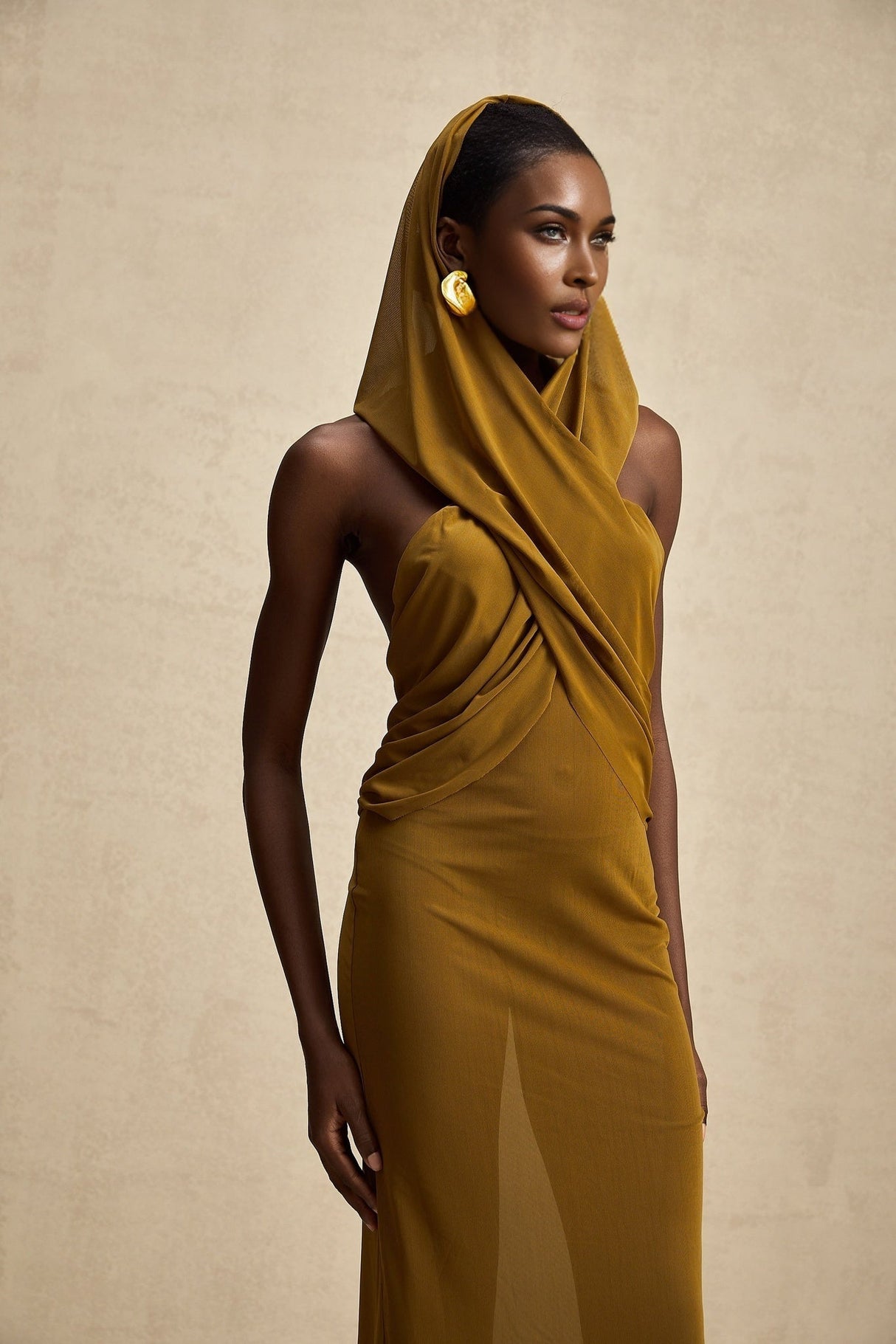 Rachel Maxi Dress in Vibrant Olive with Crossover Neck - Backless Design & Chic Hood