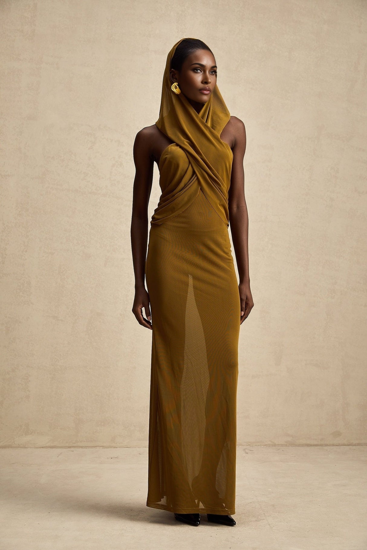 Rachel Maxi Dress in Vibrant Olive with Crossover Neck - Backless Design & Chic Hood
