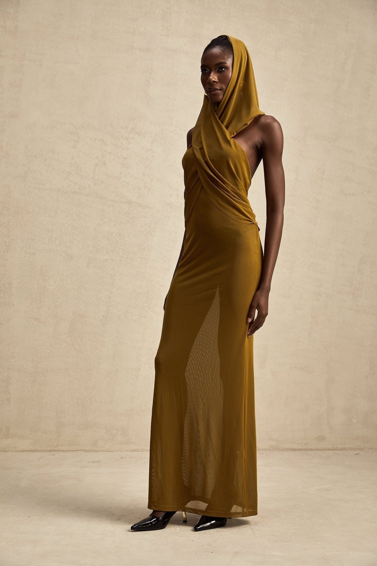 Rachel Maxi Dress in Vibrant Olive with Crossover Neck - Backless Design & Chic Hood