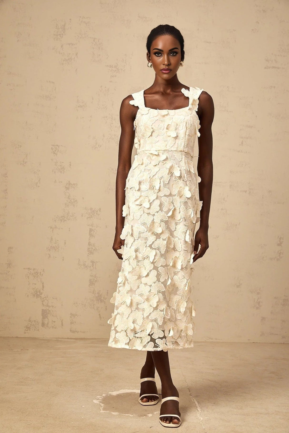 Rachel Midi Dress Butterfly - Appliqu Flared Neutrals