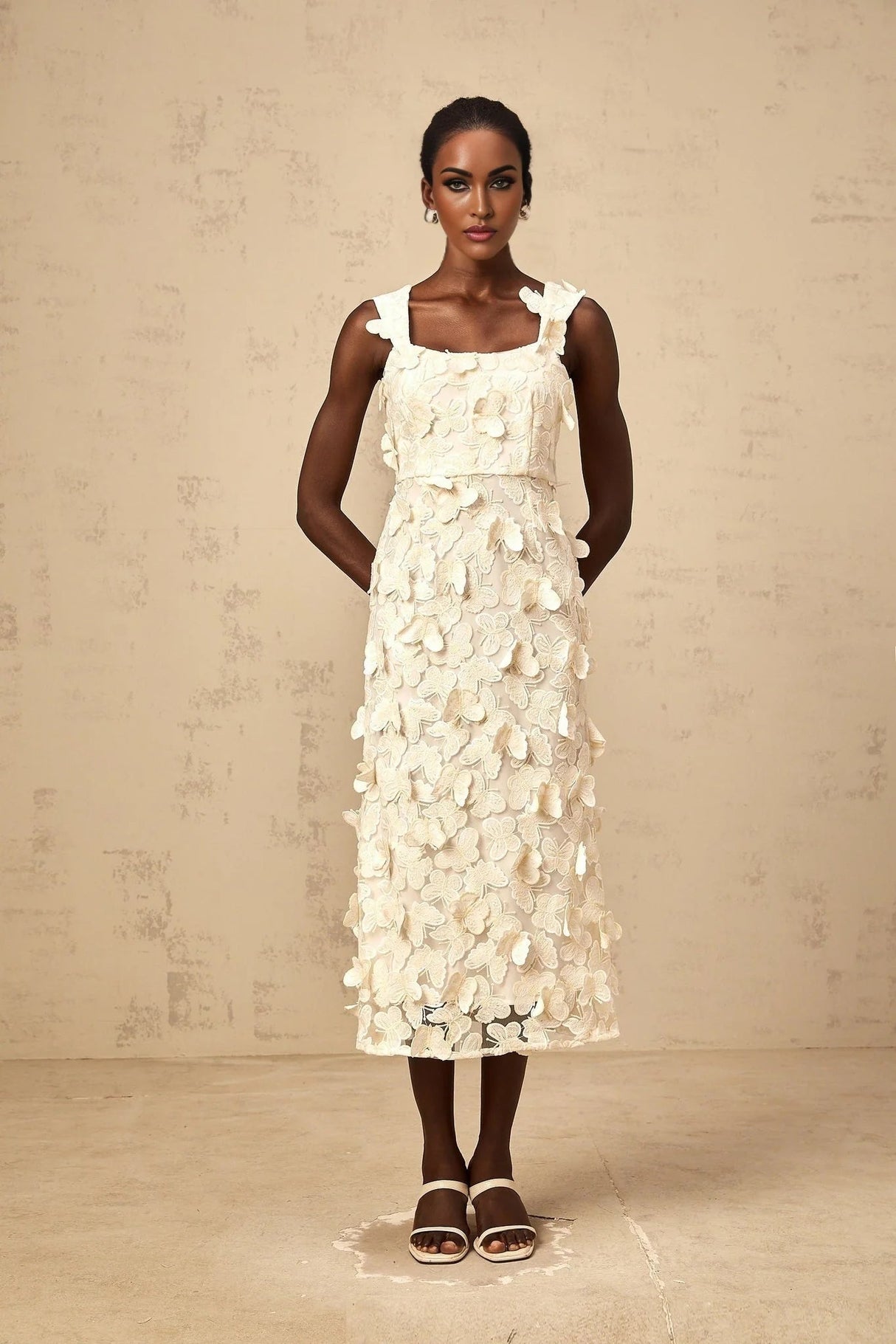 Rachel Midi Dress Butterfly - Appliqu Flared Neutrals