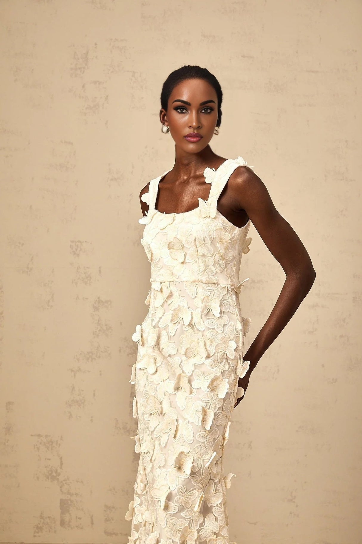 Rachel Midi Dress Butterfly - Appliqu Flared Neutrals