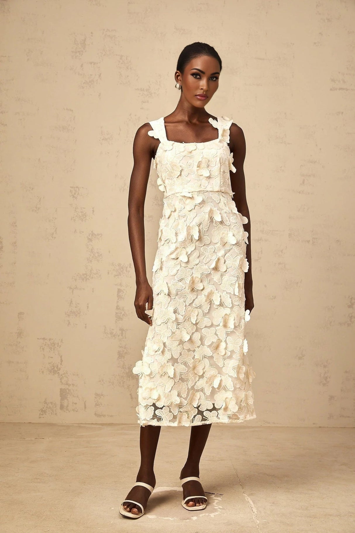 Rachel Midi Dress Butterfly - Appliqu Flared Neutrals