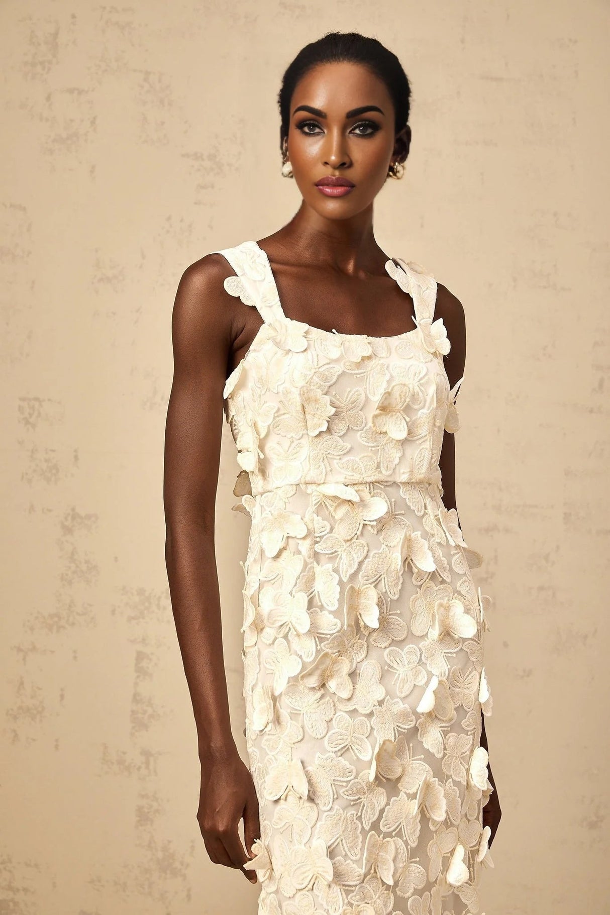 Rachel Midi Dress Butterfly - Appliqu Flared Neutrals