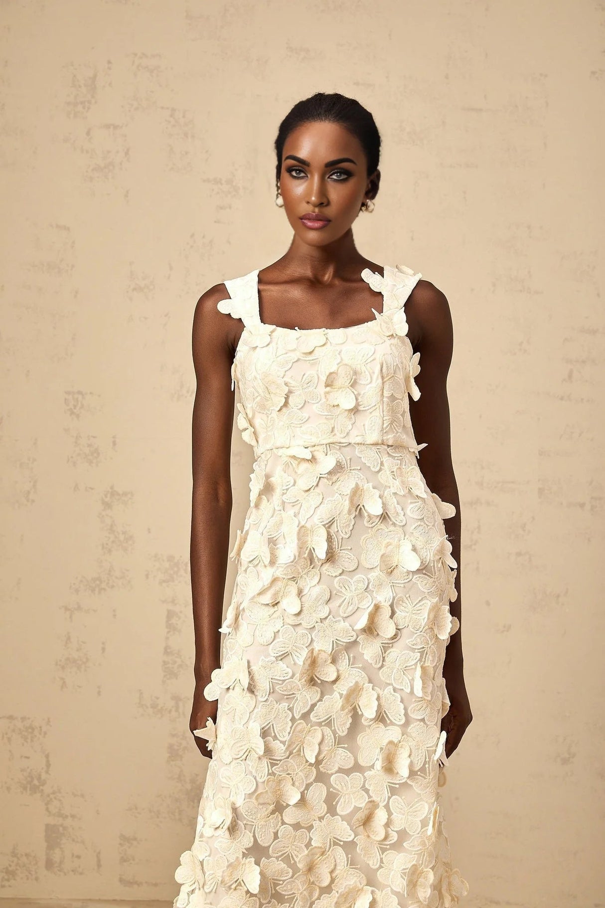 Rachel Midi Dress Butterfly - Appliqu Flared Neutrals