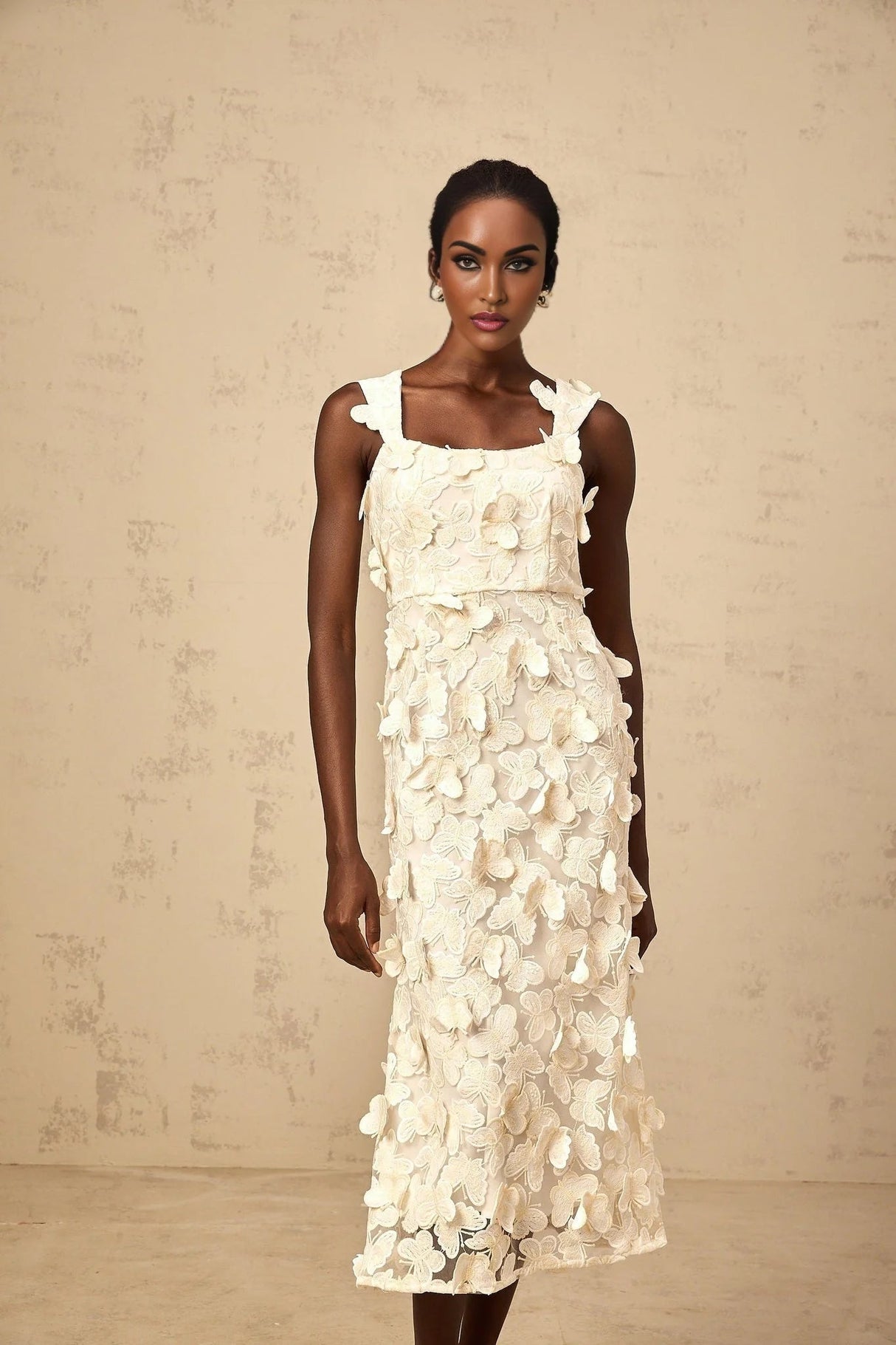 Rachel Midi Dress Butterfly - Appliqu Flared Neutrals