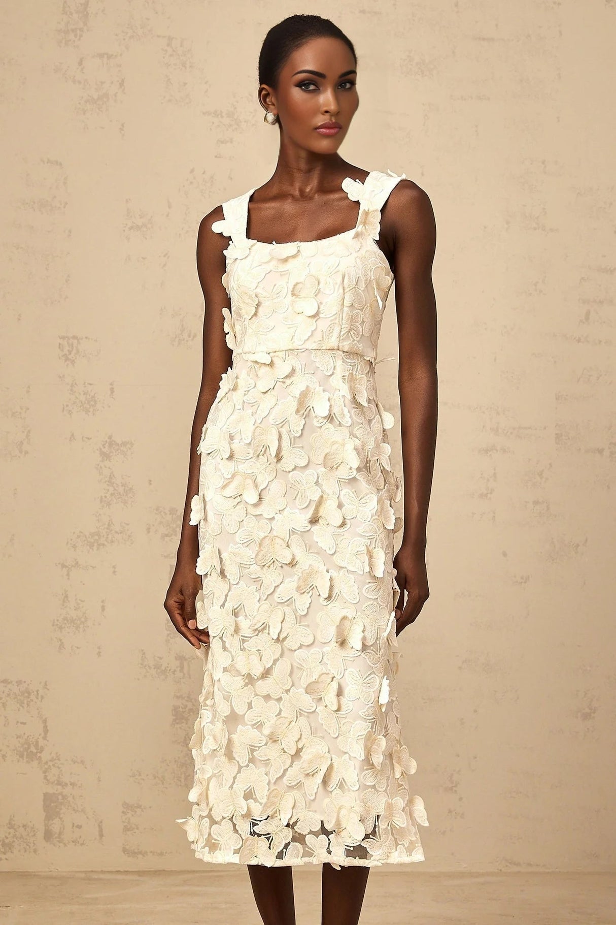 Rachel Midi Dress Butterfly - Appliqu Flared Neutrals