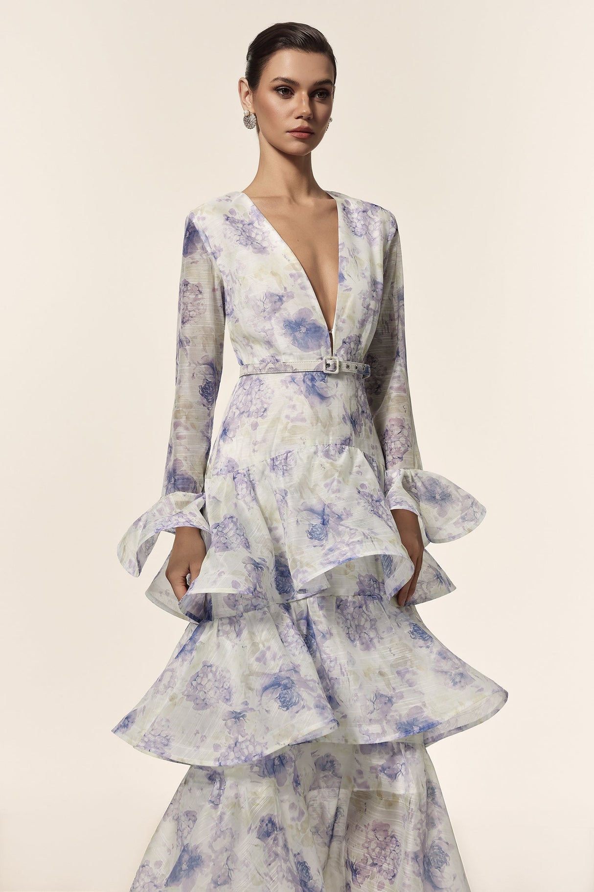 Rachel White Floral Maxi Dress with Deep-V Neckline and Flared Sleeves for Women