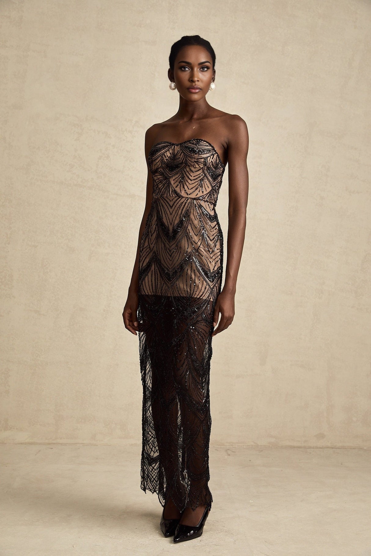 Raegan Maxi Dress - Strapless Black Corset with Sequins - Beads & Mesh Overlay