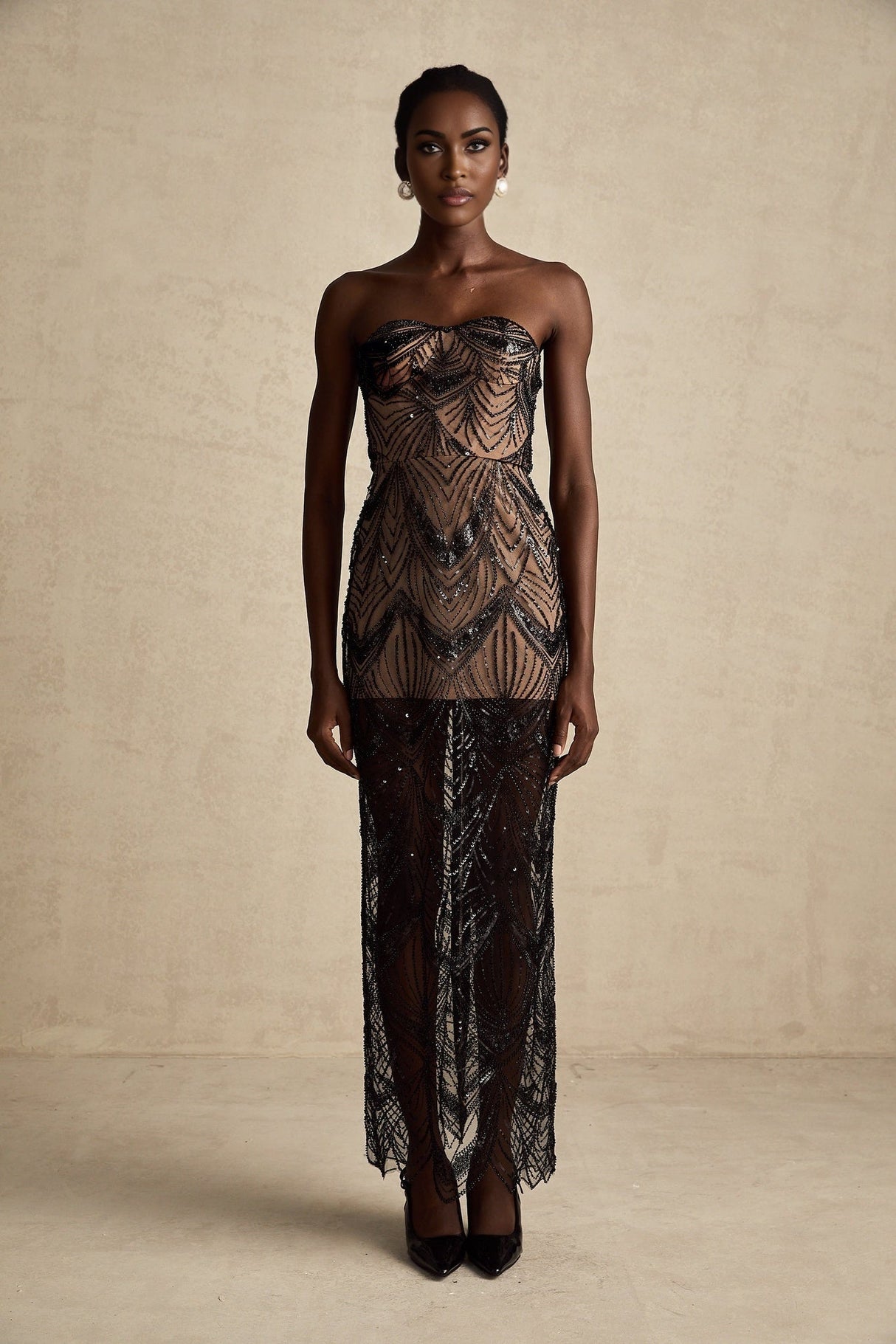 Raegan Maxi Dress - Strapless Black Corset with Sequins - Beads & Mesh Overlay