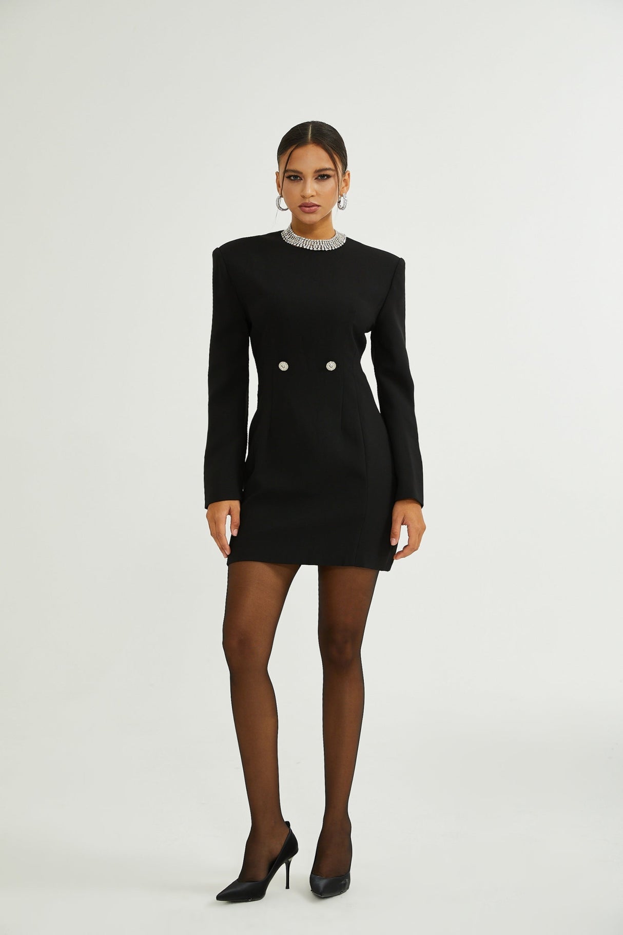 Raegan Mini Dress Black Shoulder Pad Buckle Detailing