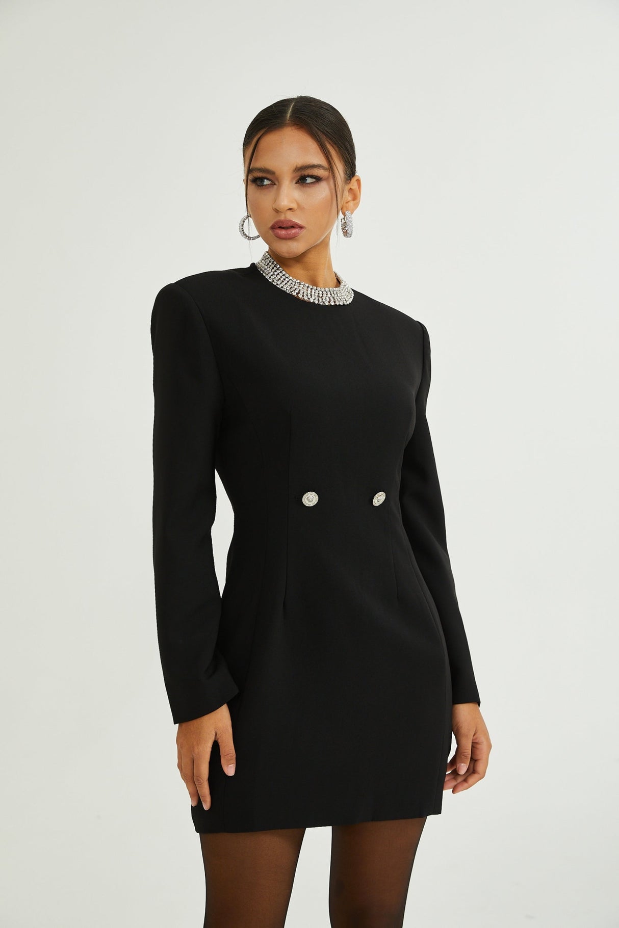 Raegan Mini Dress Black Shoulder Pad Buckle Detailing