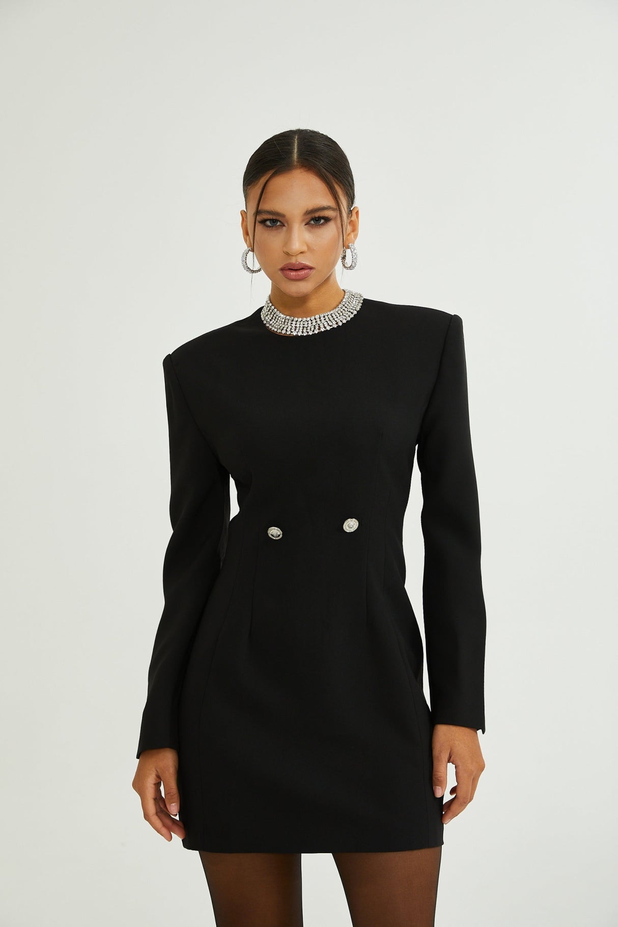 Raegan Mini Dress Black Shoulder Pad Buckle Detailing