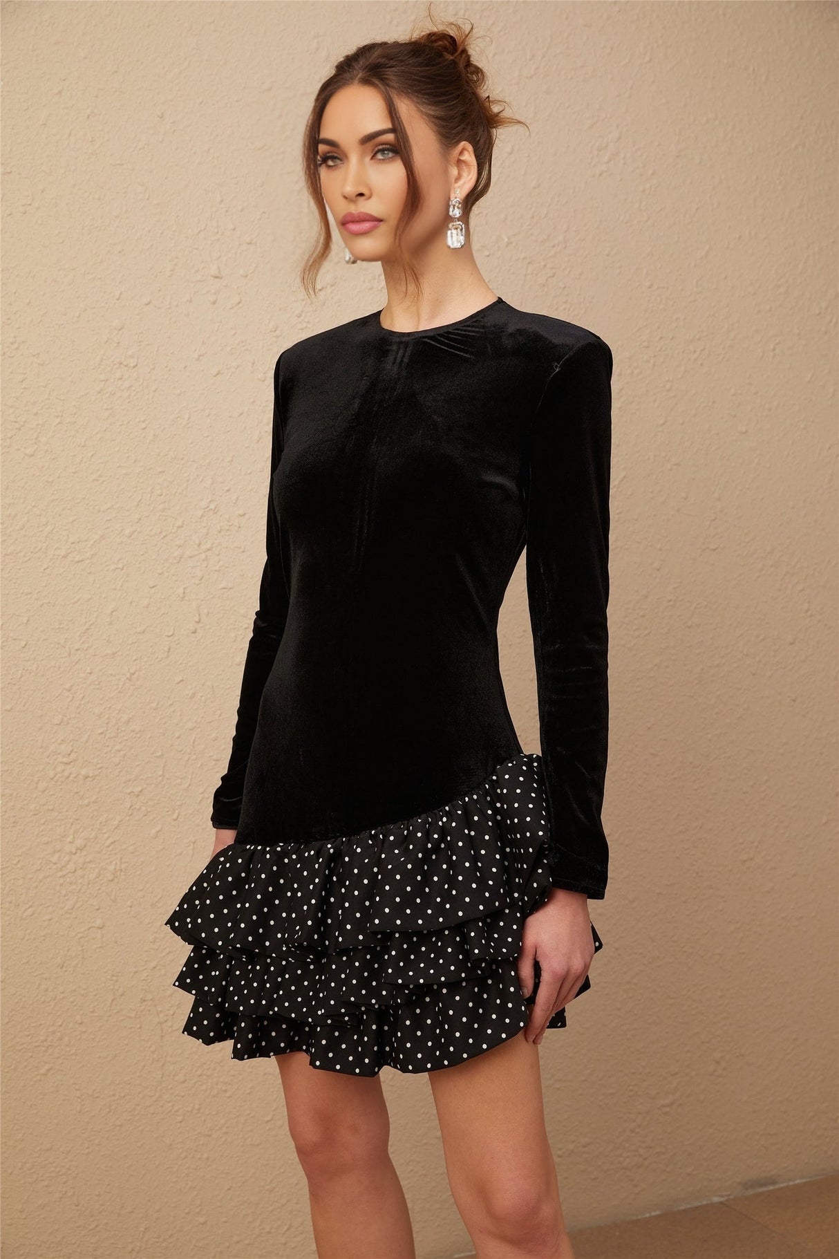 Raegan Mini Dress Black Velvet Polka Dot Ruffled & Panel