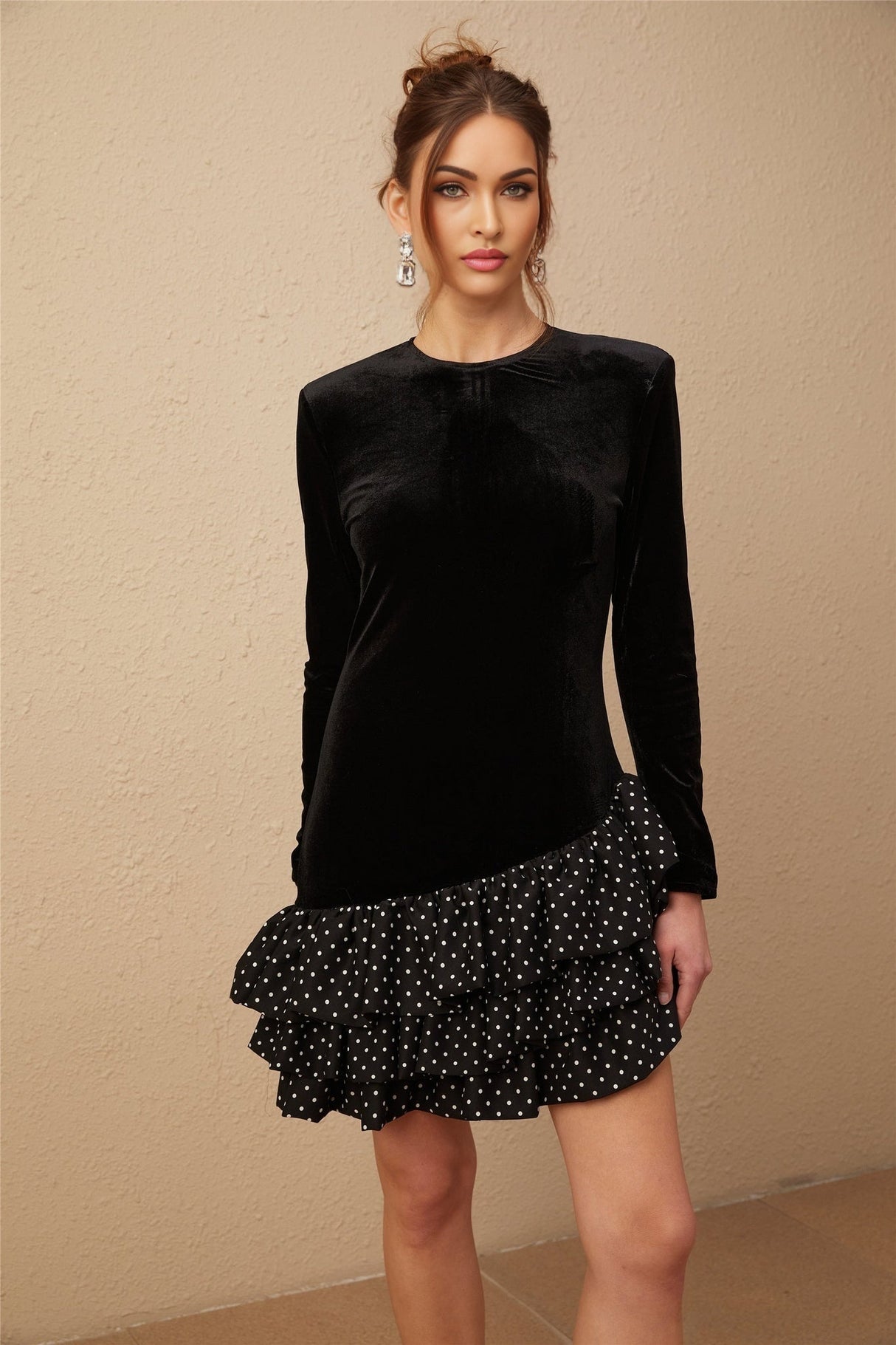 Raegan Mini Dress Black Velvet Polka Dot Ruffled & Panel