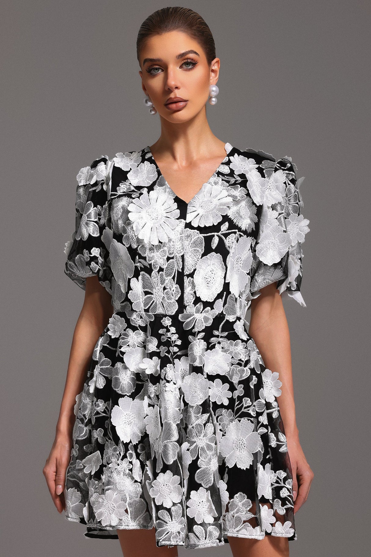 Raffaela Black Floral V-Neck Mini Dress Puff Sleeves Flared Skirt