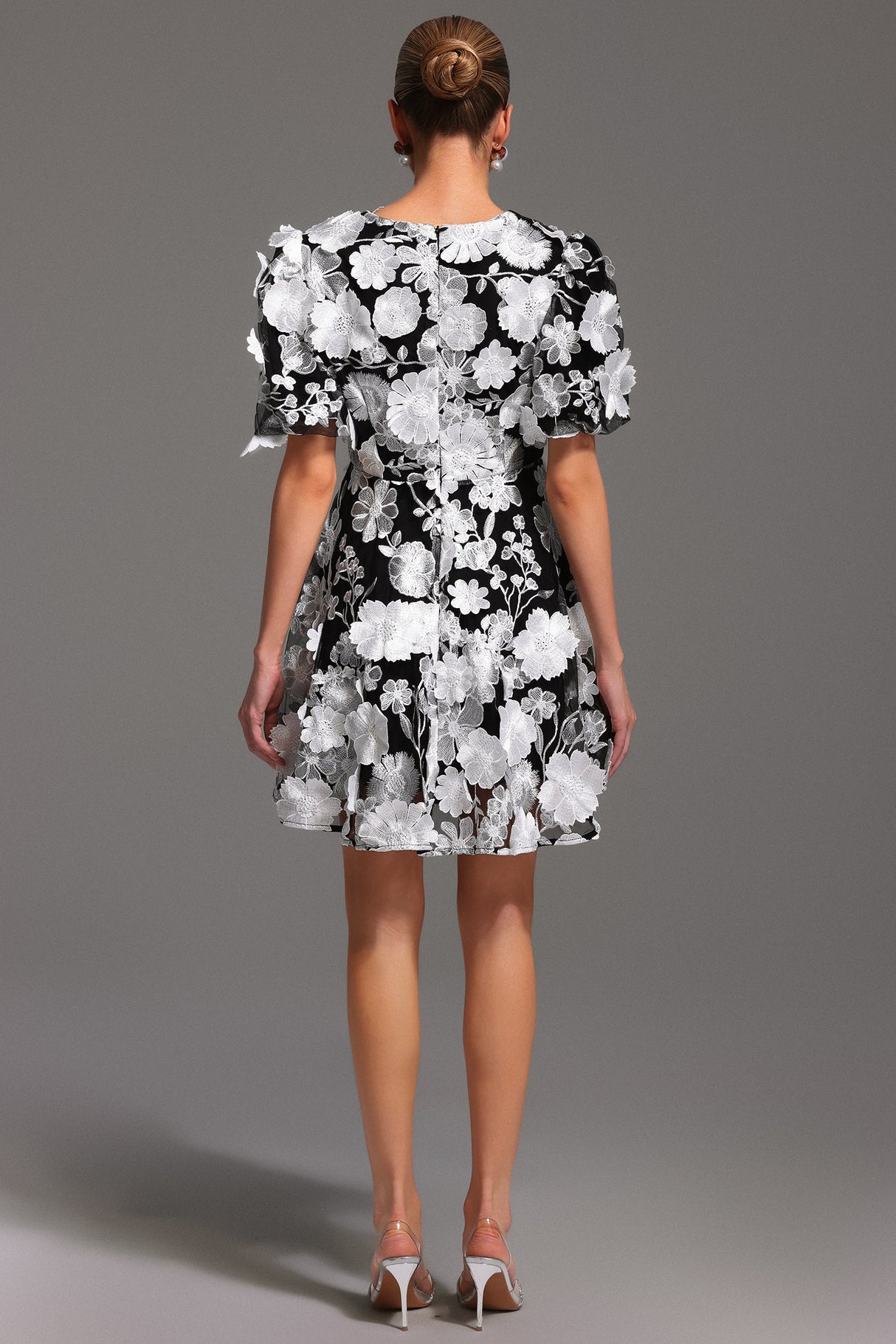 Raffaela Black Floral V-Neck Mini Dress Puff Sleeves Flared Skirt