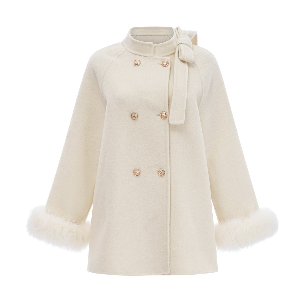 Raffaela Coat White Wool Fur Bowknot & Faux Fur