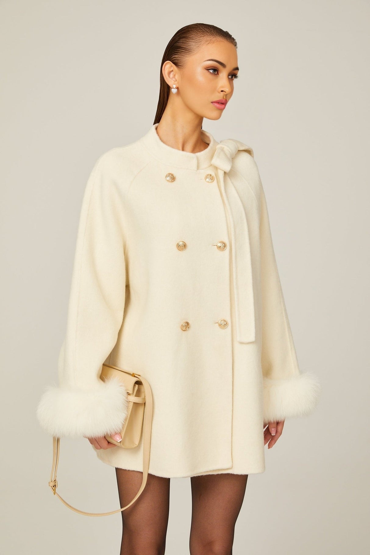 Raffaela Coat White Wool Fur Bowknot & Faux Fur