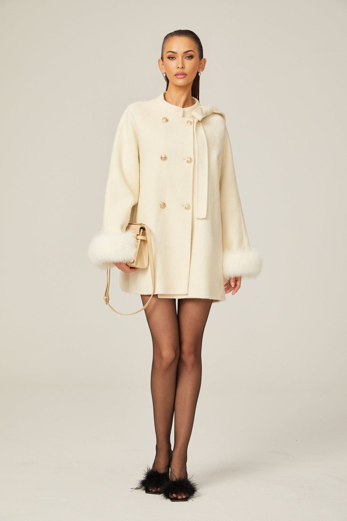 Raffaela Coat White Wool Fur Bowknot & Faux Fur