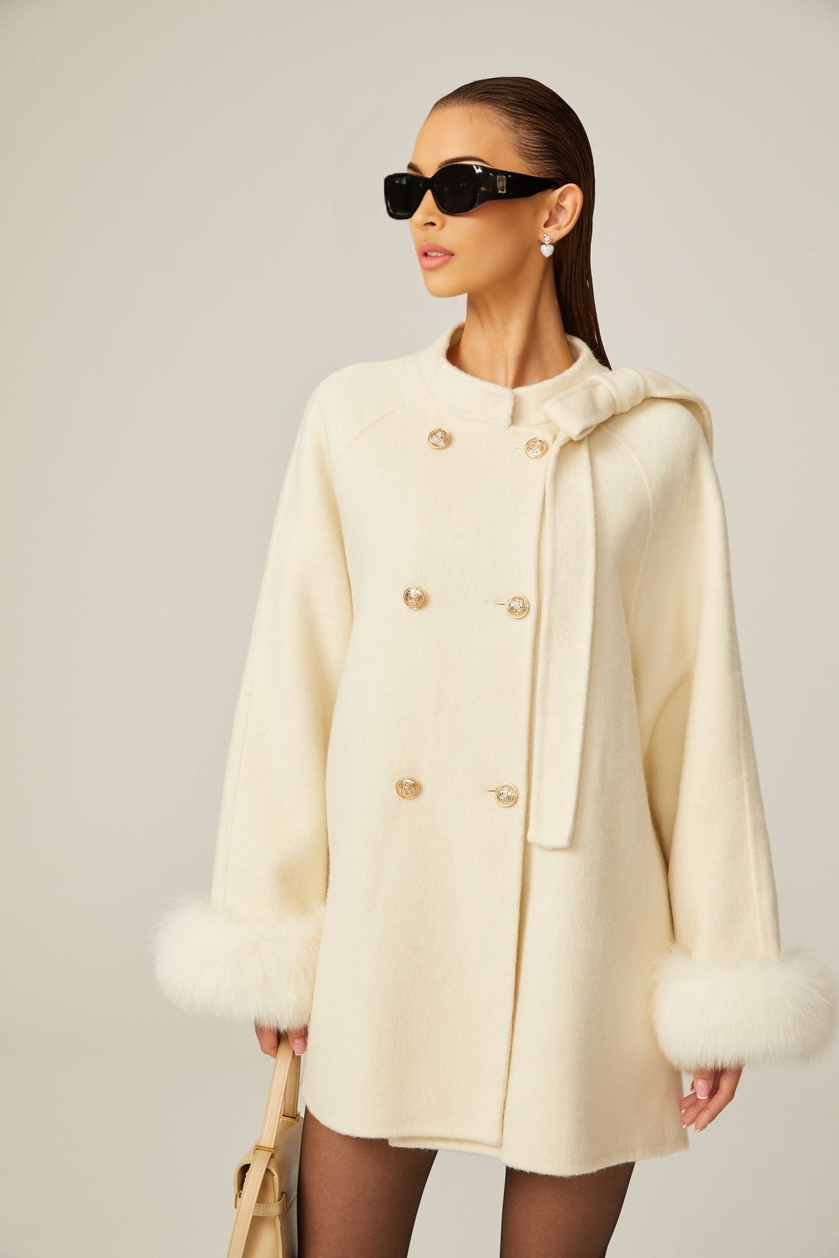 Raffaela Coat White Wool Fur Bowknot & Faux Fur