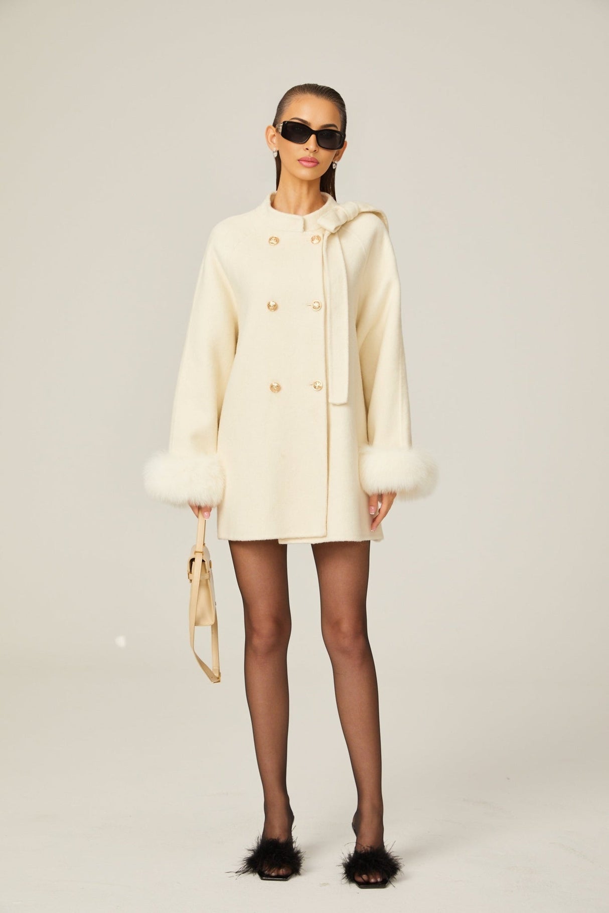 Raffaela Coat White Wool Fur Bowknot & Faux Fur