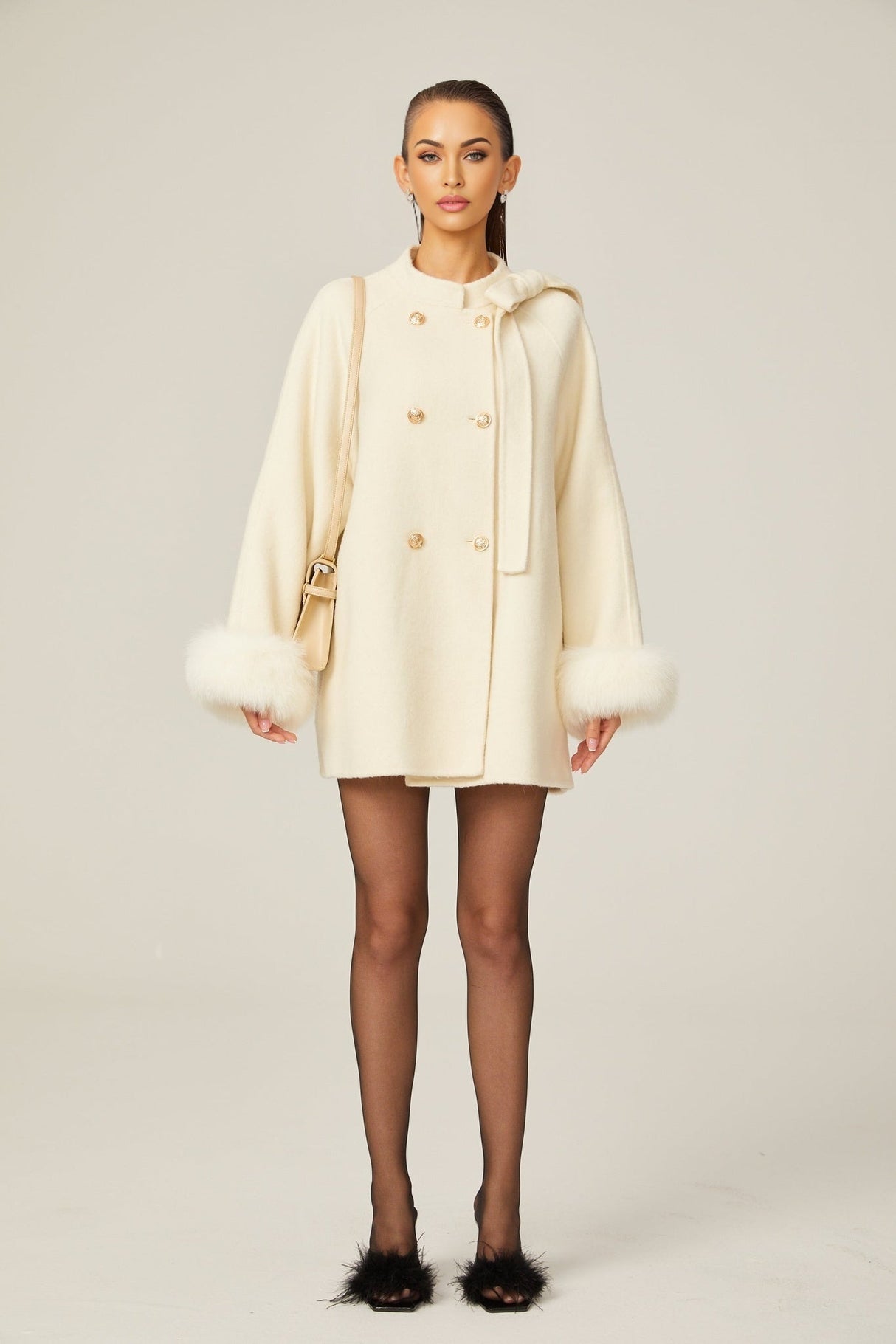 Raffaela Coat White Wool Fur Bowknot & Faux Fur