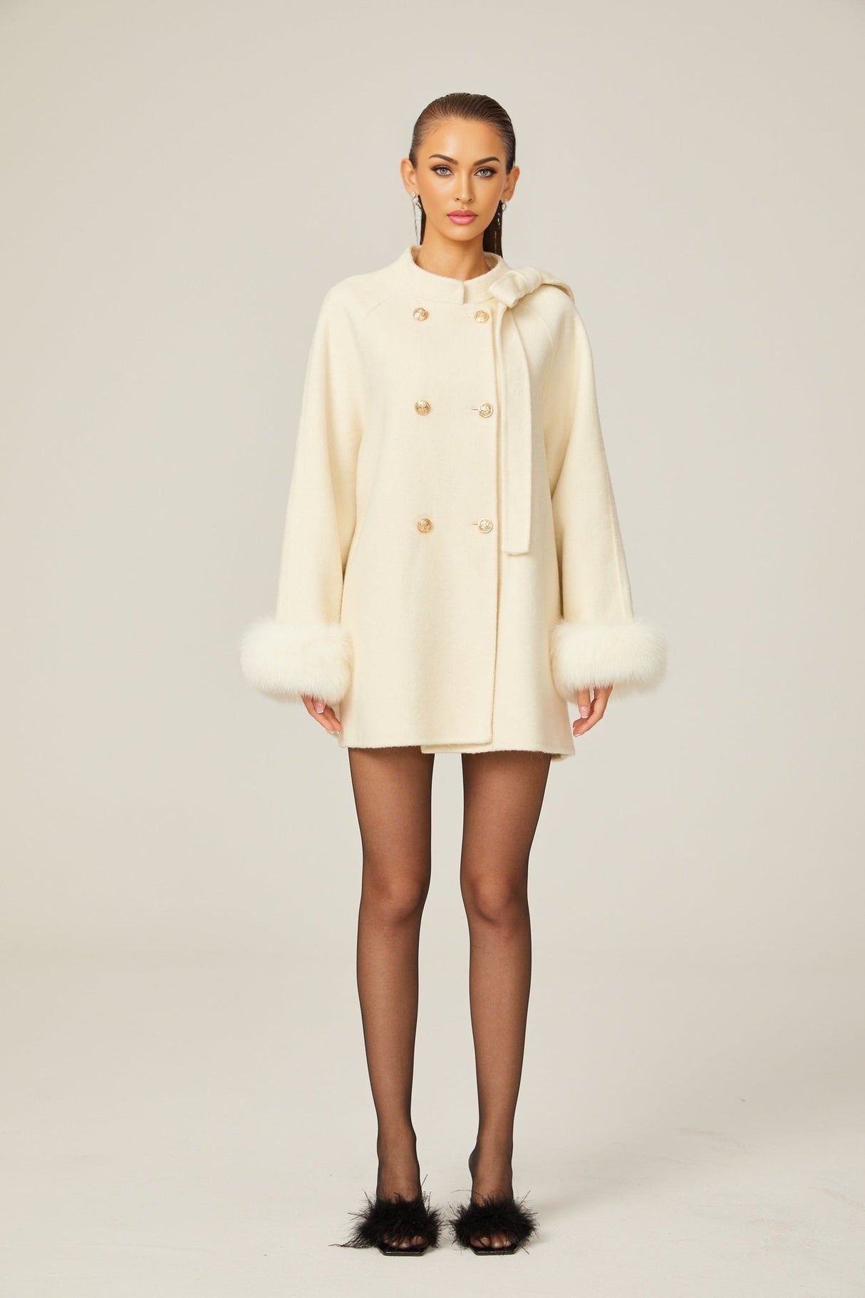 Raffaela Coat White Wool Fur Bowknot & Faux Fur