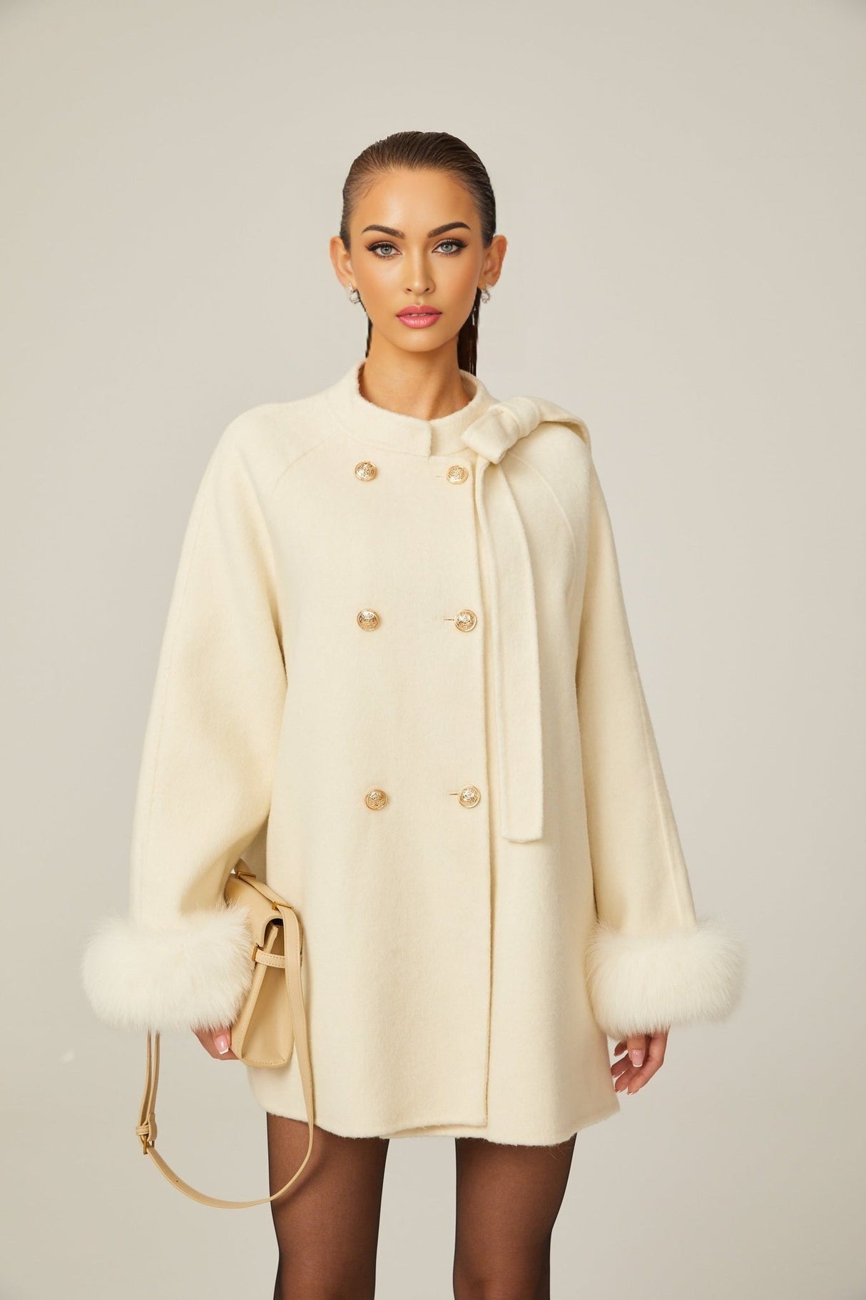 Raffaela Coat White Wool Fur Bowknot & Faux Fur
