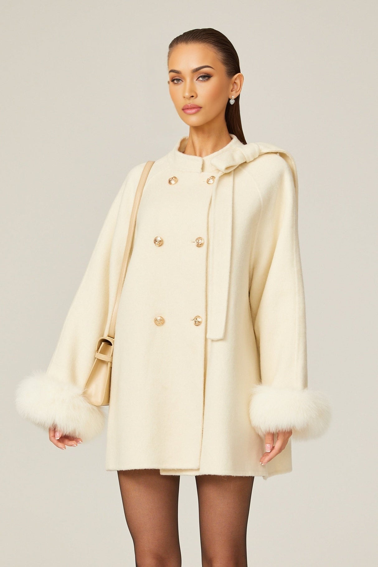 Raffaela Coat White Wool Fur Bowknot & Faux Fur
