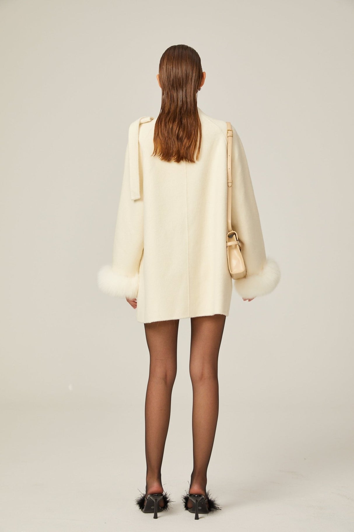 Raffaela Coat White Wool Fur Bowknot & Faux Fur