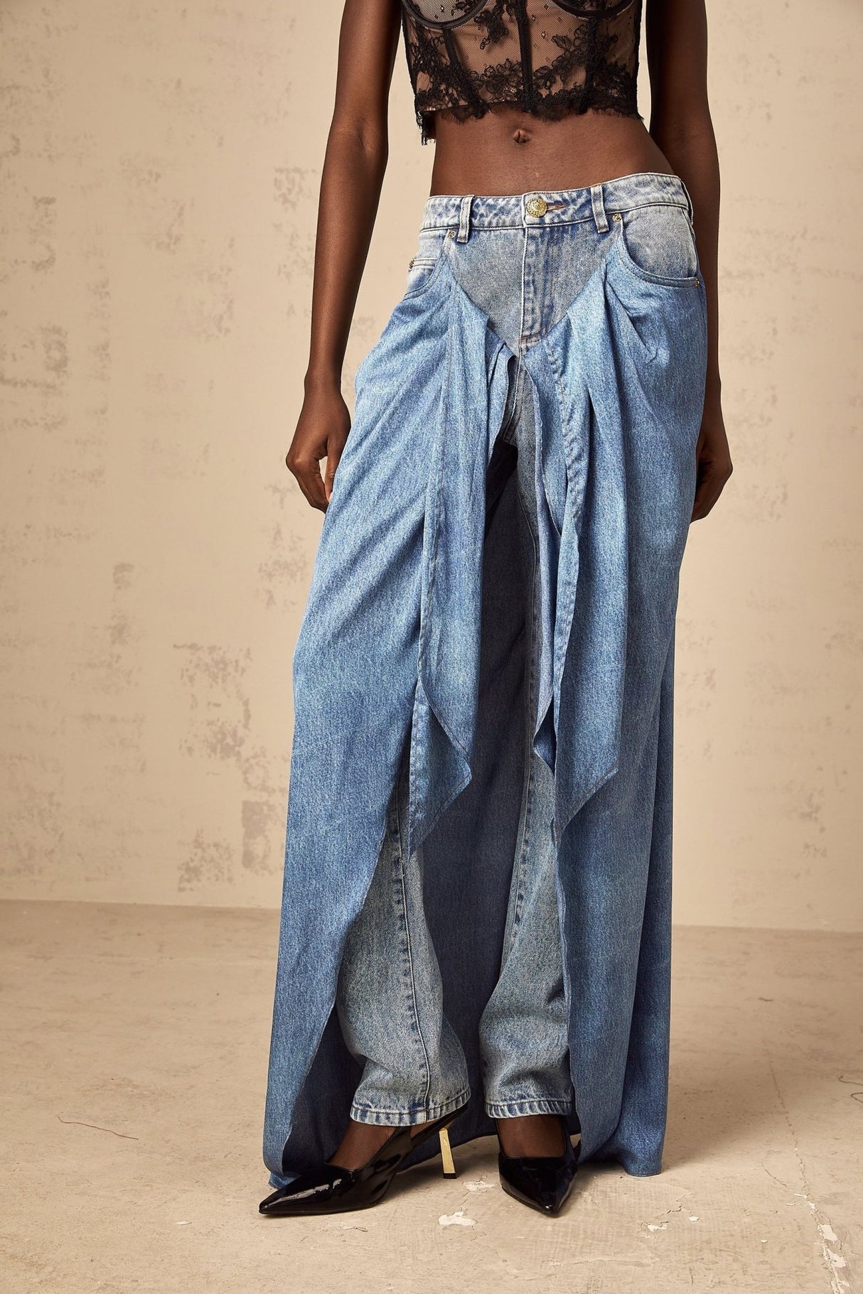 Raffaela Denim Jeans Blue Layered Panel & Draped Design