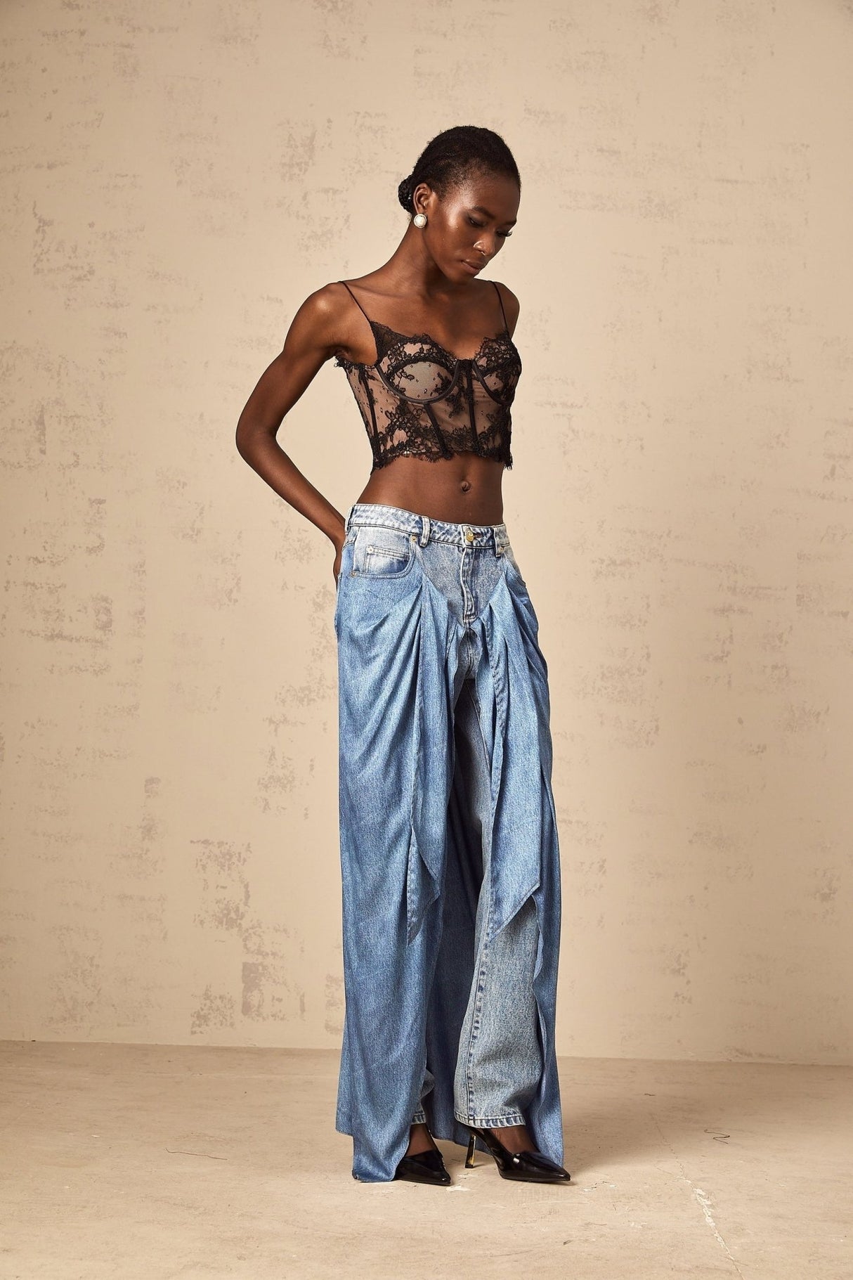 Raffaela Denim Jeans Blue Layered Panel & Draped Design