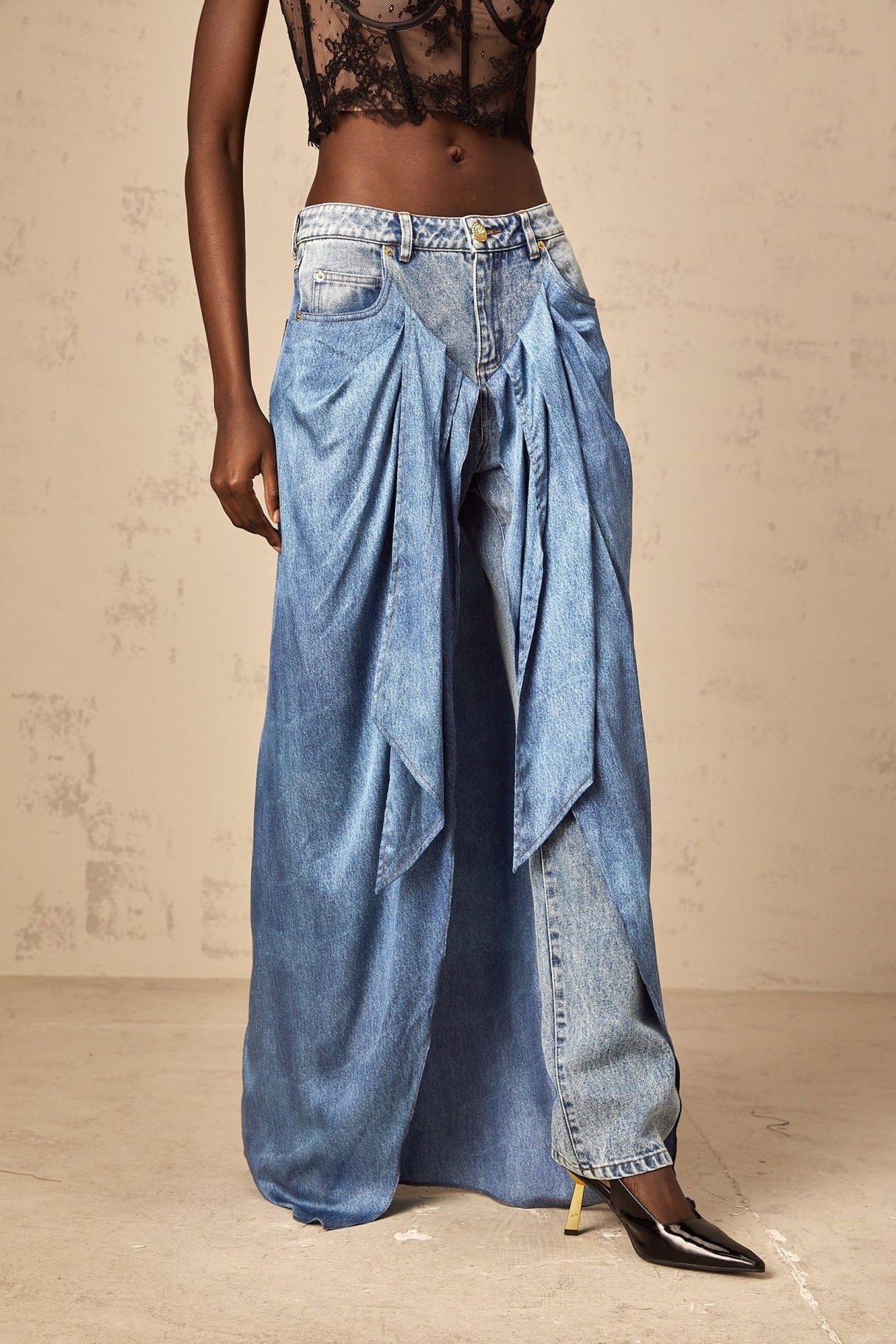 Raffaela Denim Jeans Blue Layered Panel & Draped Design