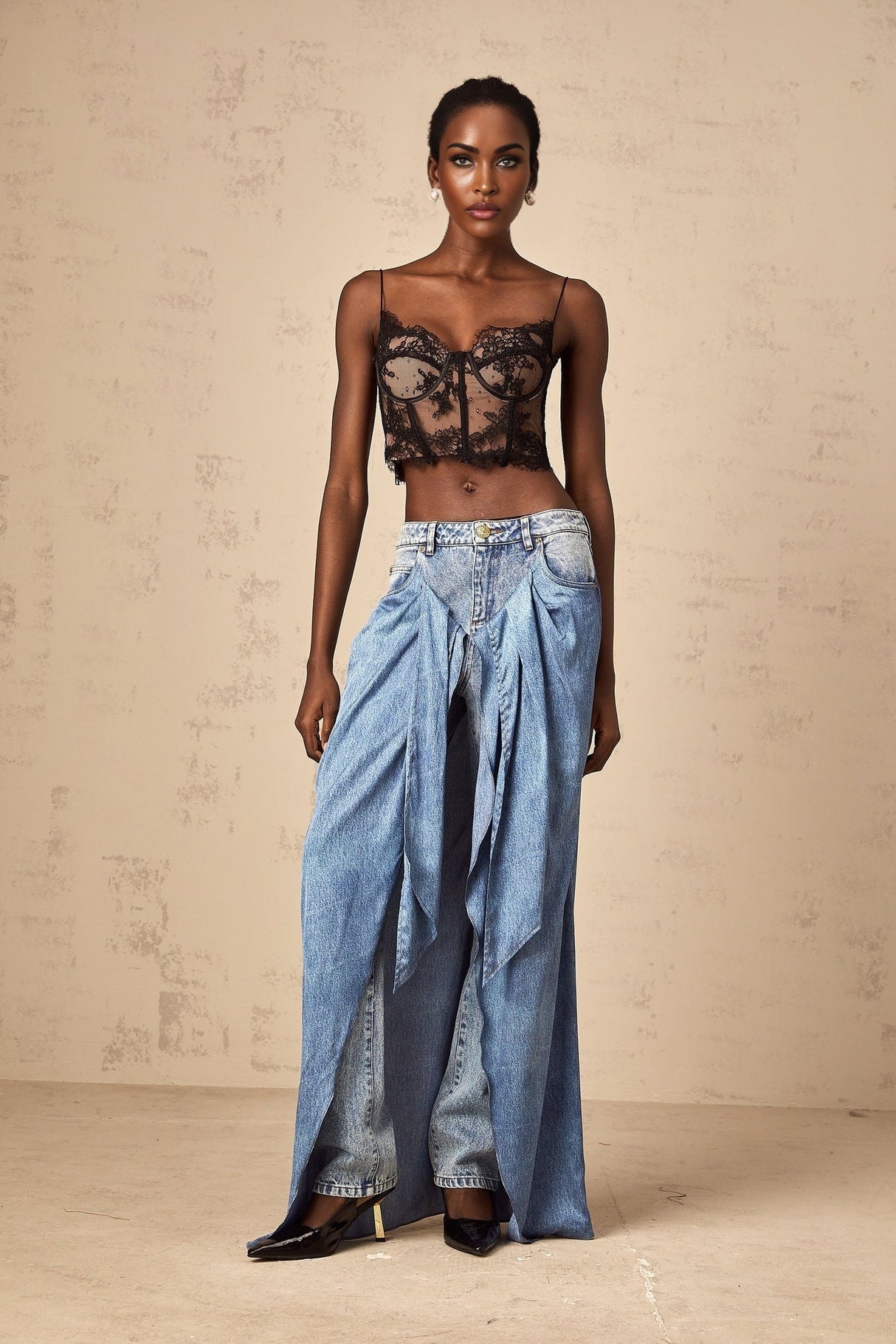 Raffaela Denim Jeans Blue Layered Panel & Draped Design