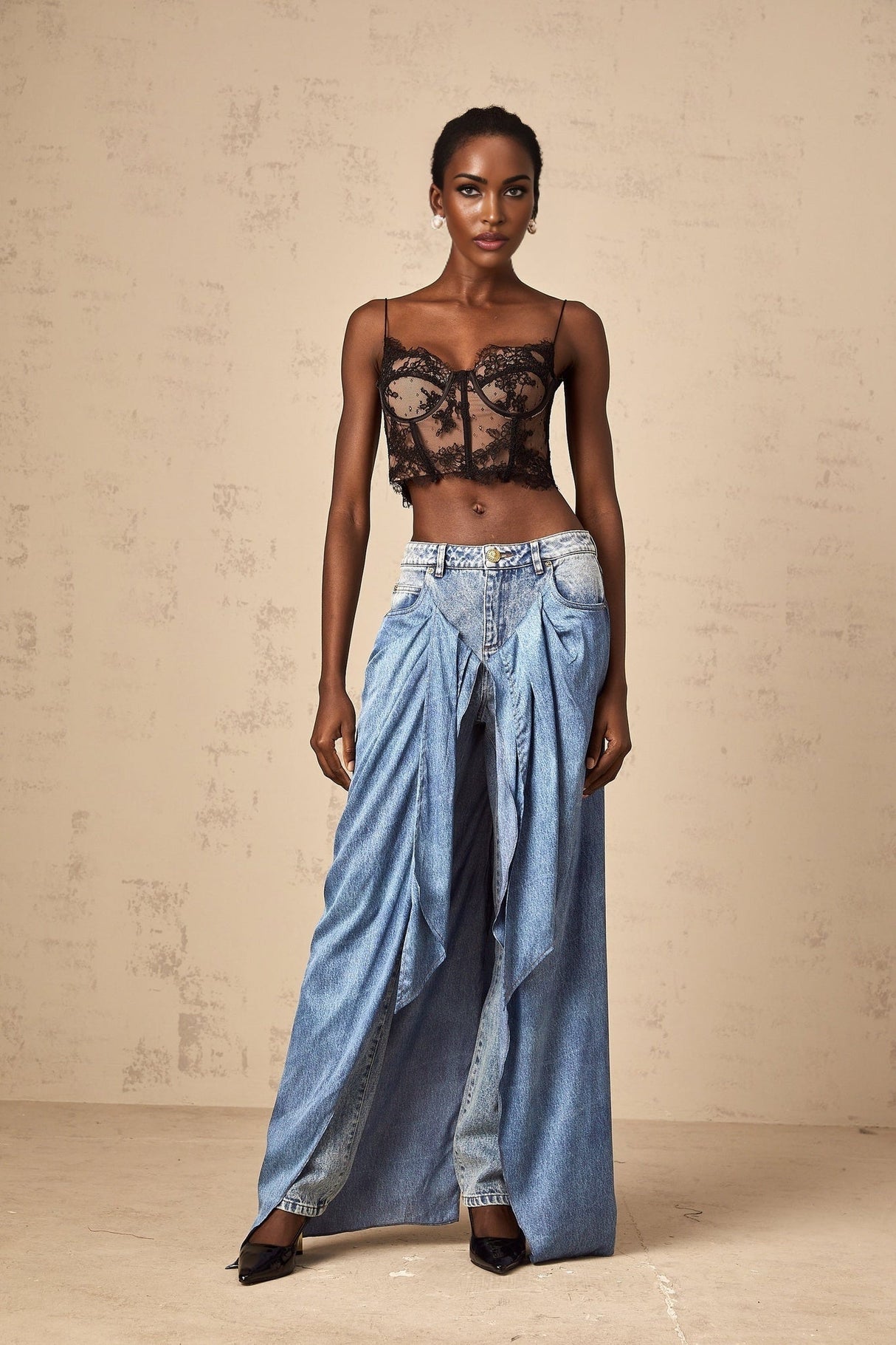 Raffaela Denim Jeans Blue Layered Panel & Draped Design