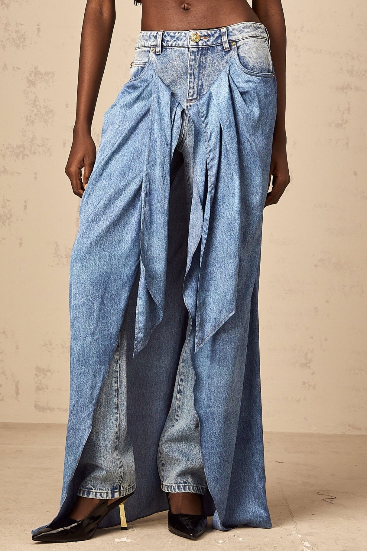 Raffaela Denim Jeans Blue Layered Panel & Draped Design