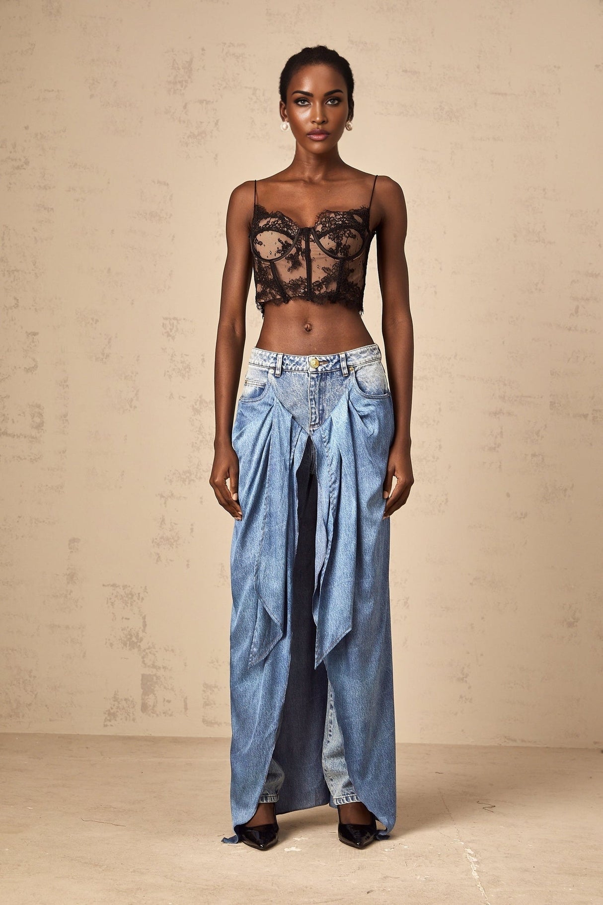 Raffaela Denim Jeans Blue Layered Panel & Draped Design