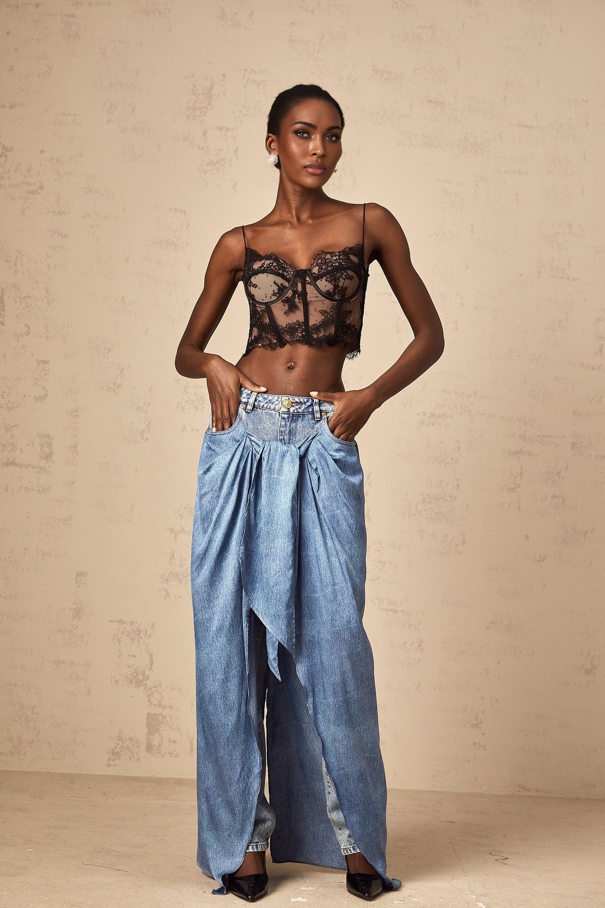 Raffaela Denim Jeans Blue Layered Panel & Draped Design
