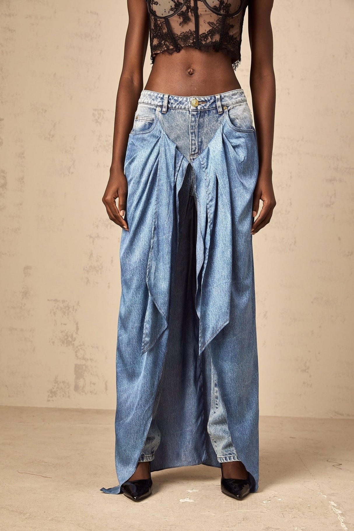 Raffaela Denim Jeans Blue Layered Panel & Draped Design