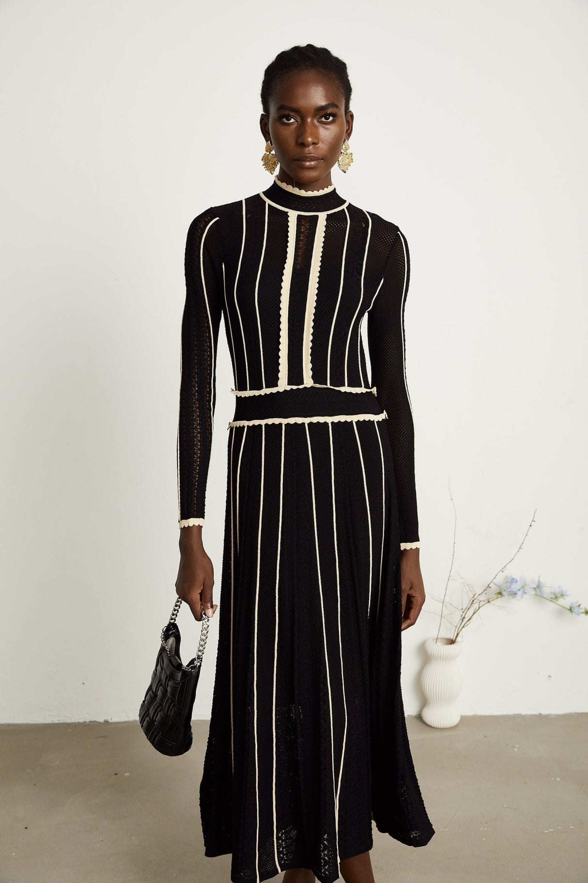 Raffaelina Maxi Dress in Black & White with Vertical Stripes - Netted Design