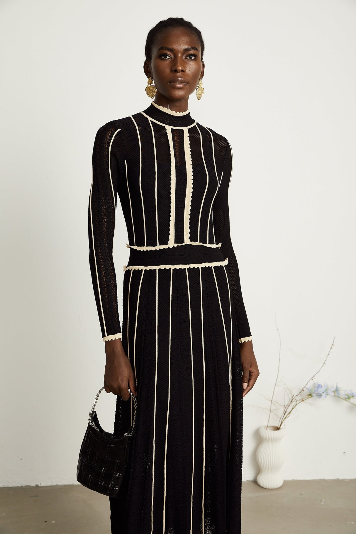 Raffaelina Maxi Dress in Black & White with Vertical Stripes - Netted Design