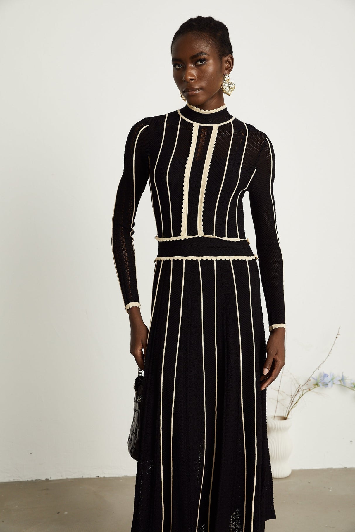 Raffaelina Maxi Dress in Black & White with Vertical Stripes - Netted Design