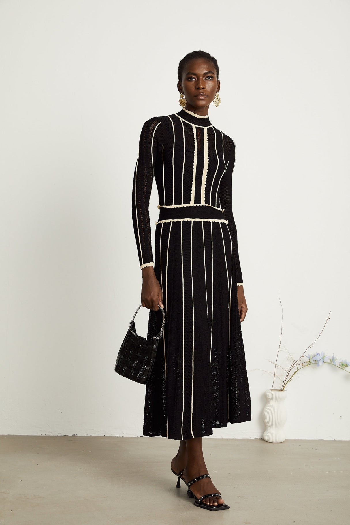 Raffaelina Maxi Dress in Black & White with Vertical Stripes - Netted Design