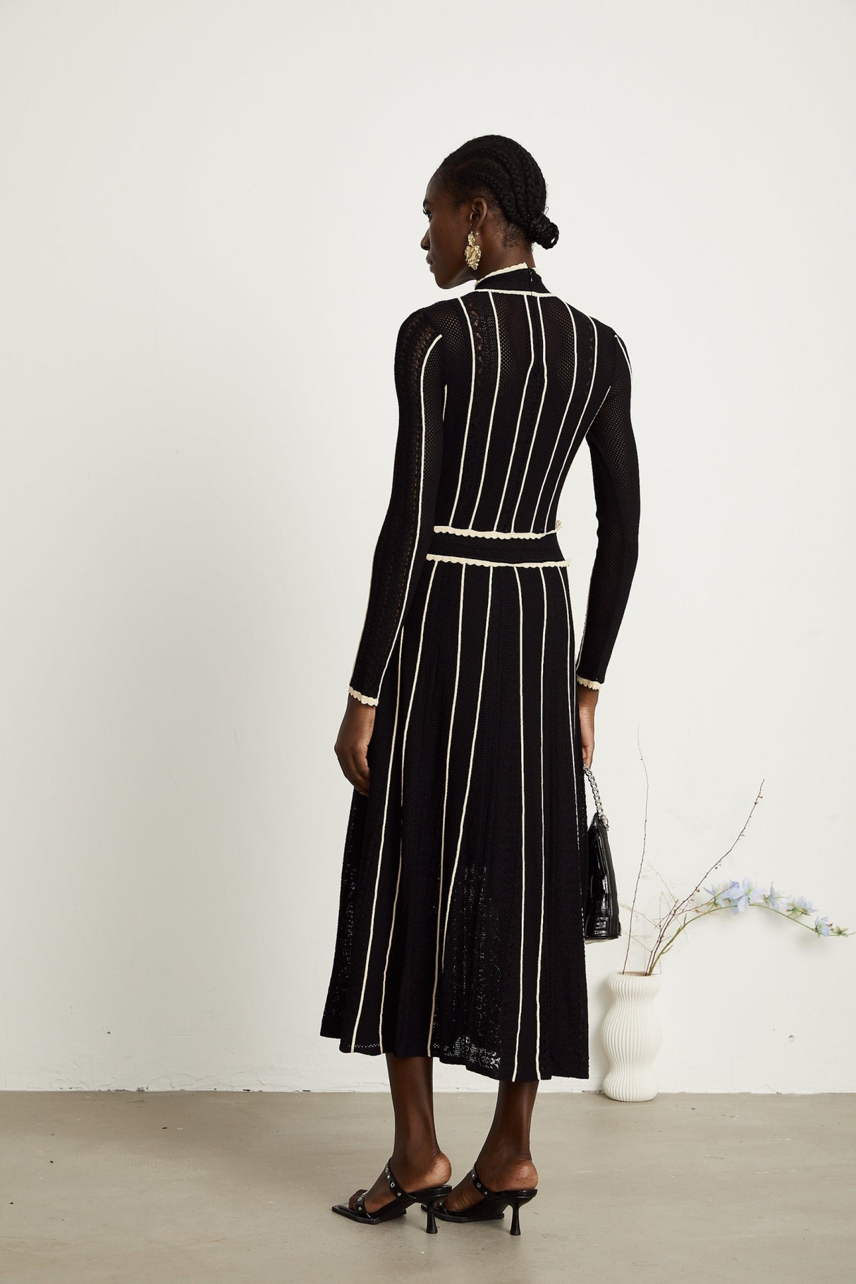 Raffaelina Maxi Dress in Black & White with Vertical Stripes - Netted Design