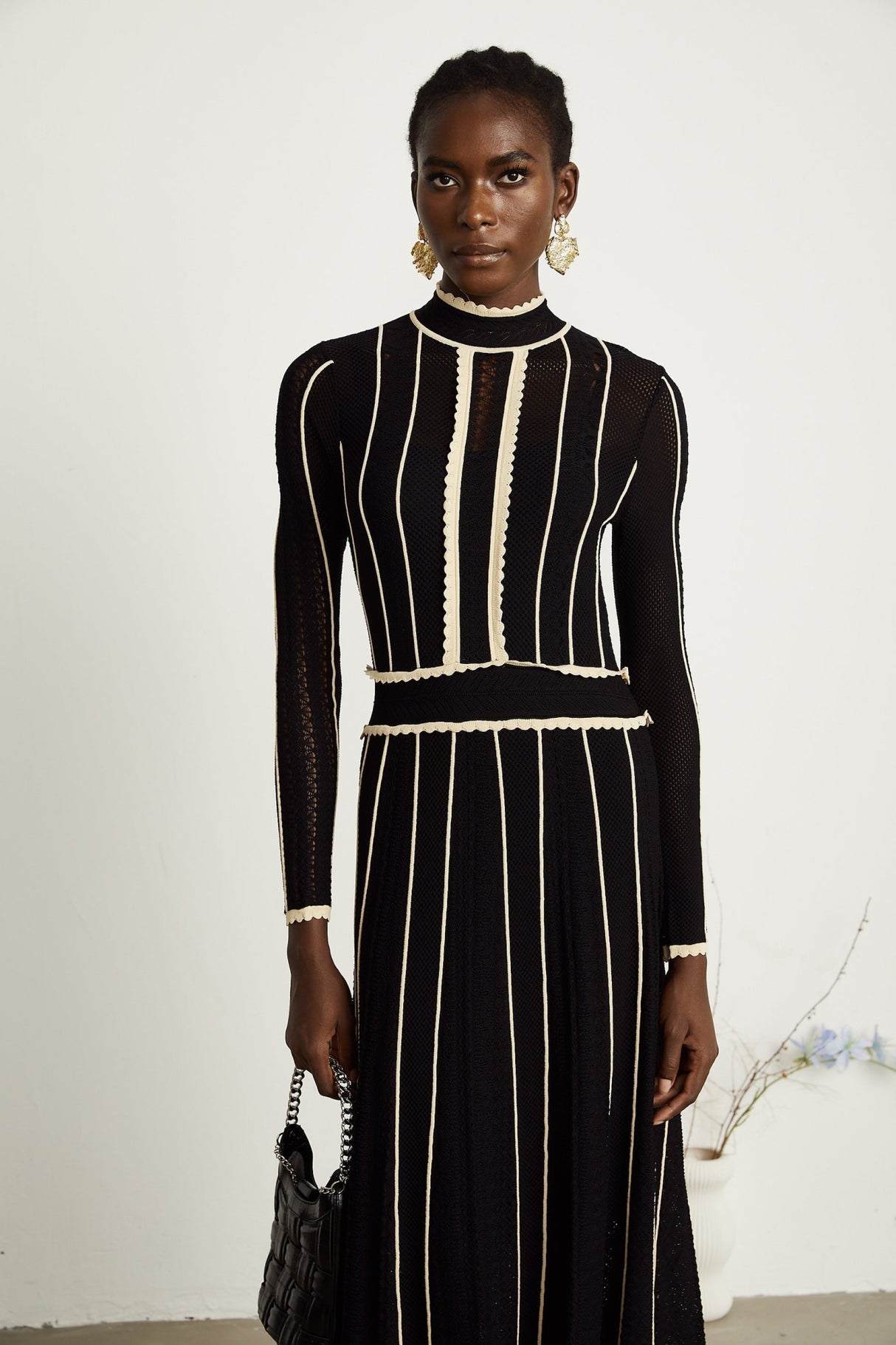 Raffaelina Maxi Dress in Black & White with Vertical Stripes - Netted Design