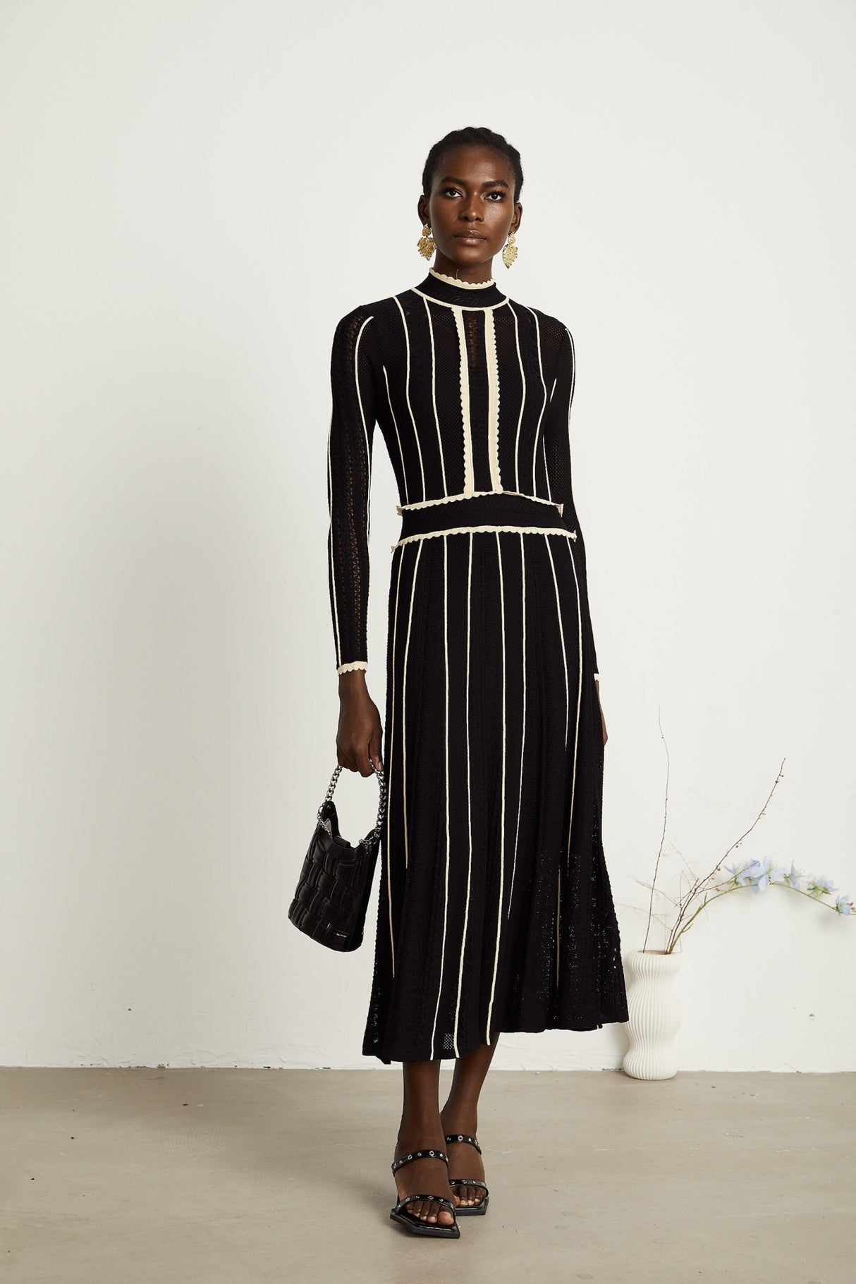 Raffaelina Maxi Dress in Black & White with Vertical Stripes - Netted Design