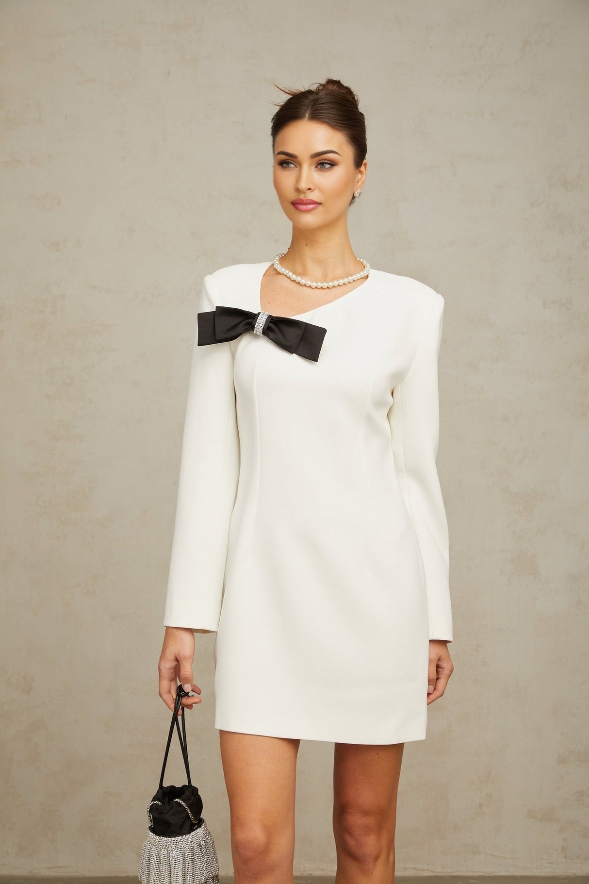 Raffaelina Mini Dress White Black Bow Crystal Silhouette