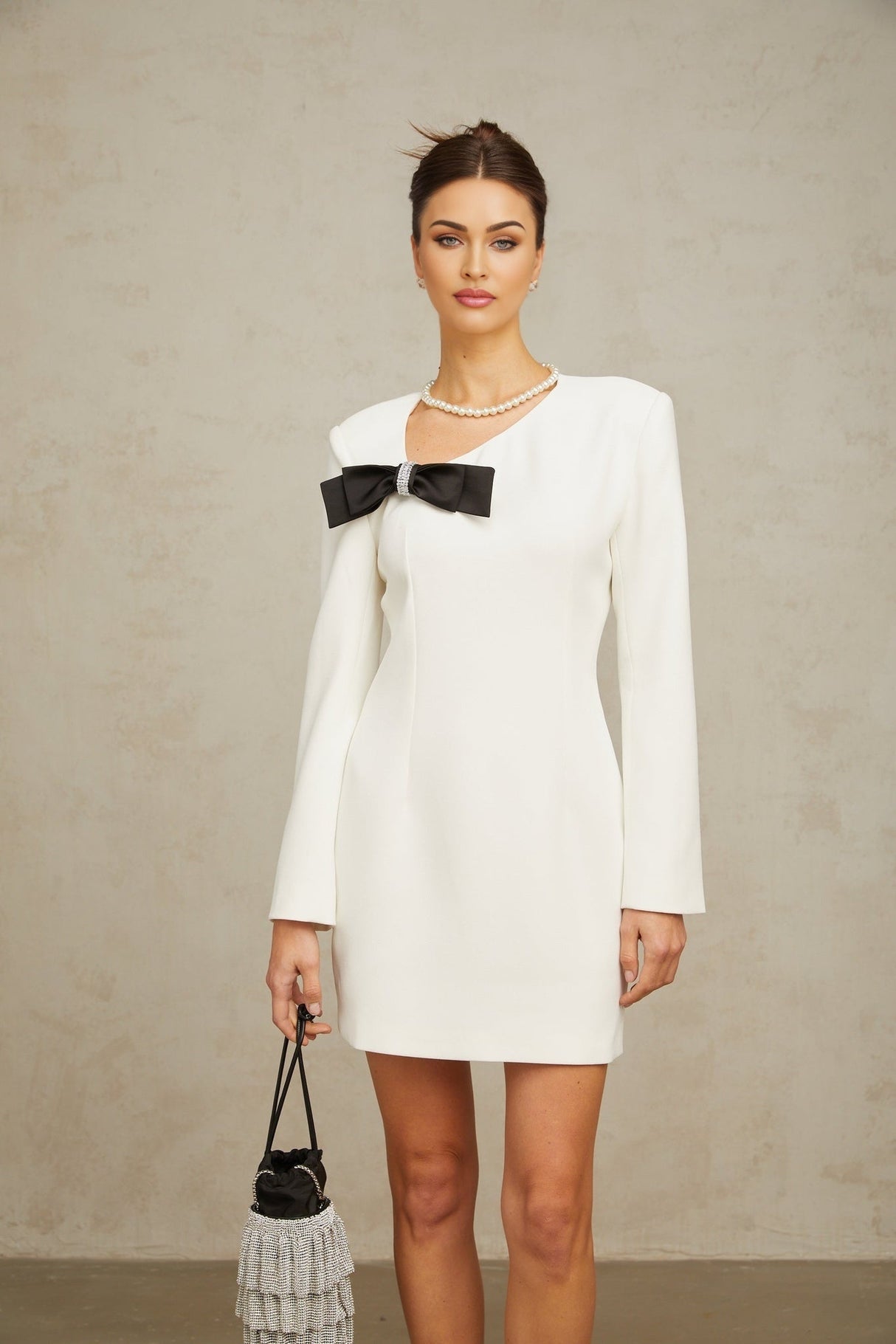Raffaelina Mini Dress White Black Bow Crystal Silhouette